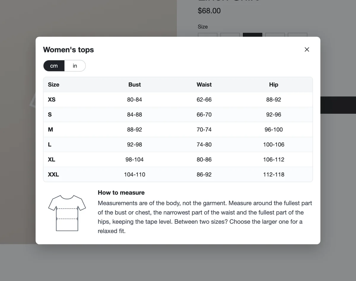 A product page with the Sizewise size guide open: a table of sizes XS to XXL with bust, waist and hip measurements, a cm and inch switch, and measuring tips.