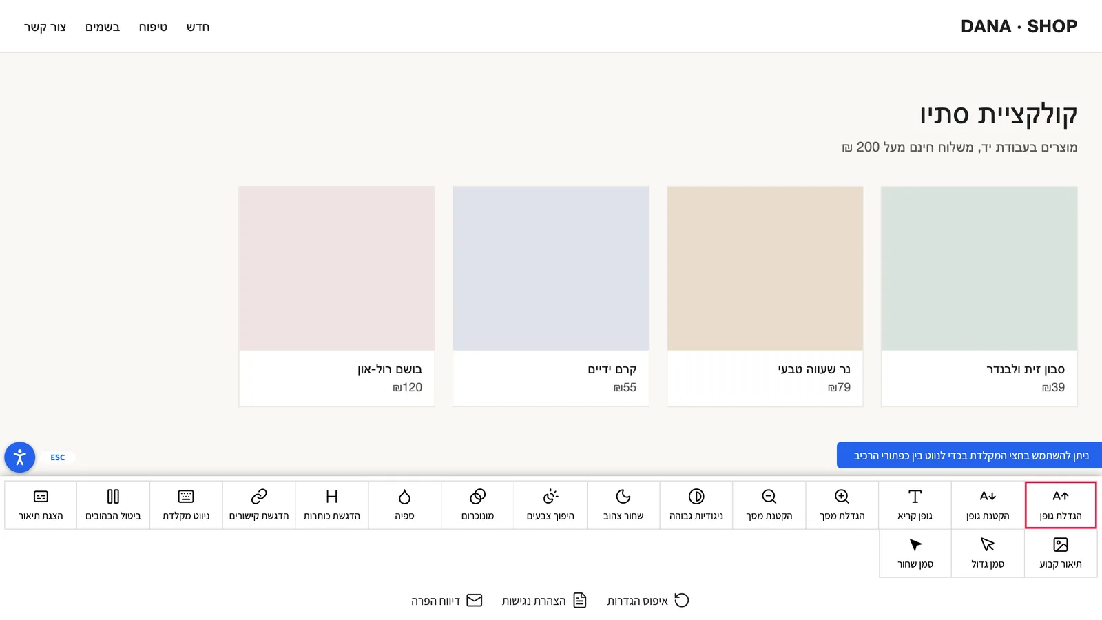 The Lumo panel open across the bottom of a sample store on a desktop: 18 adjustment buttons, and links to reset, the accessibility statement and reporting a problem