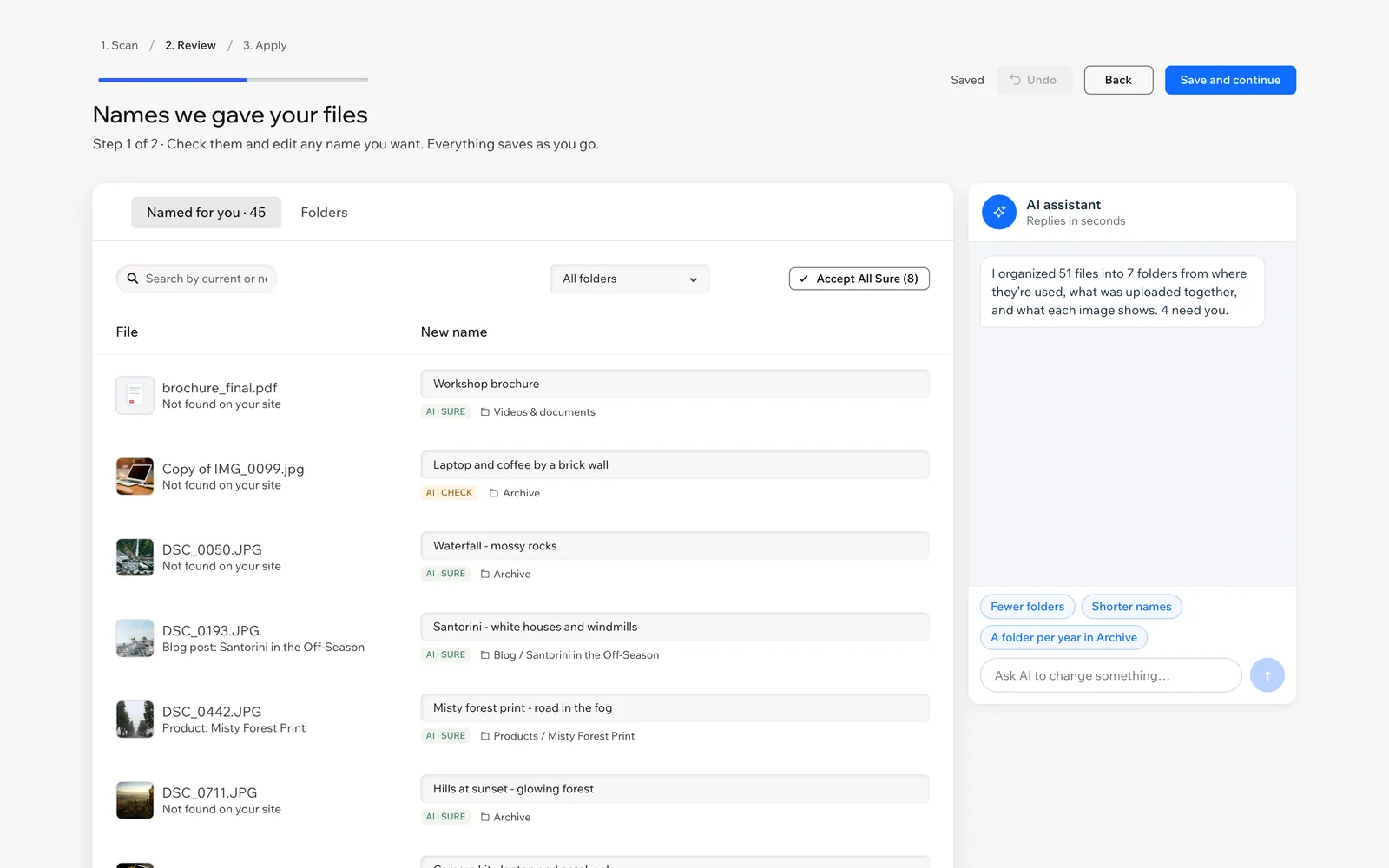 The Media Organizer review screen: the proposed folders, the new file names next to the old ones, and the AI assistant panel