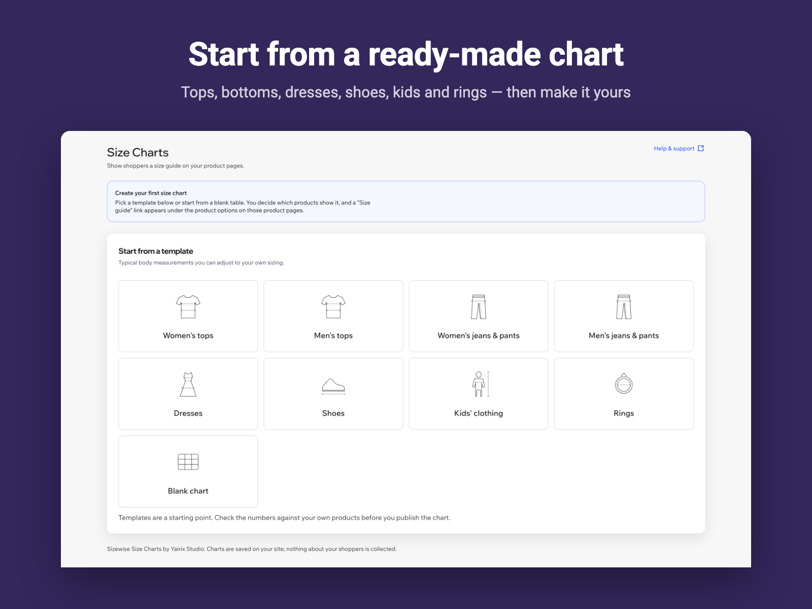 The template gallery: women’s tops, men’s tops, jeans and pants, dresses, shoes, kids’ clothing, rings and a blank chart.