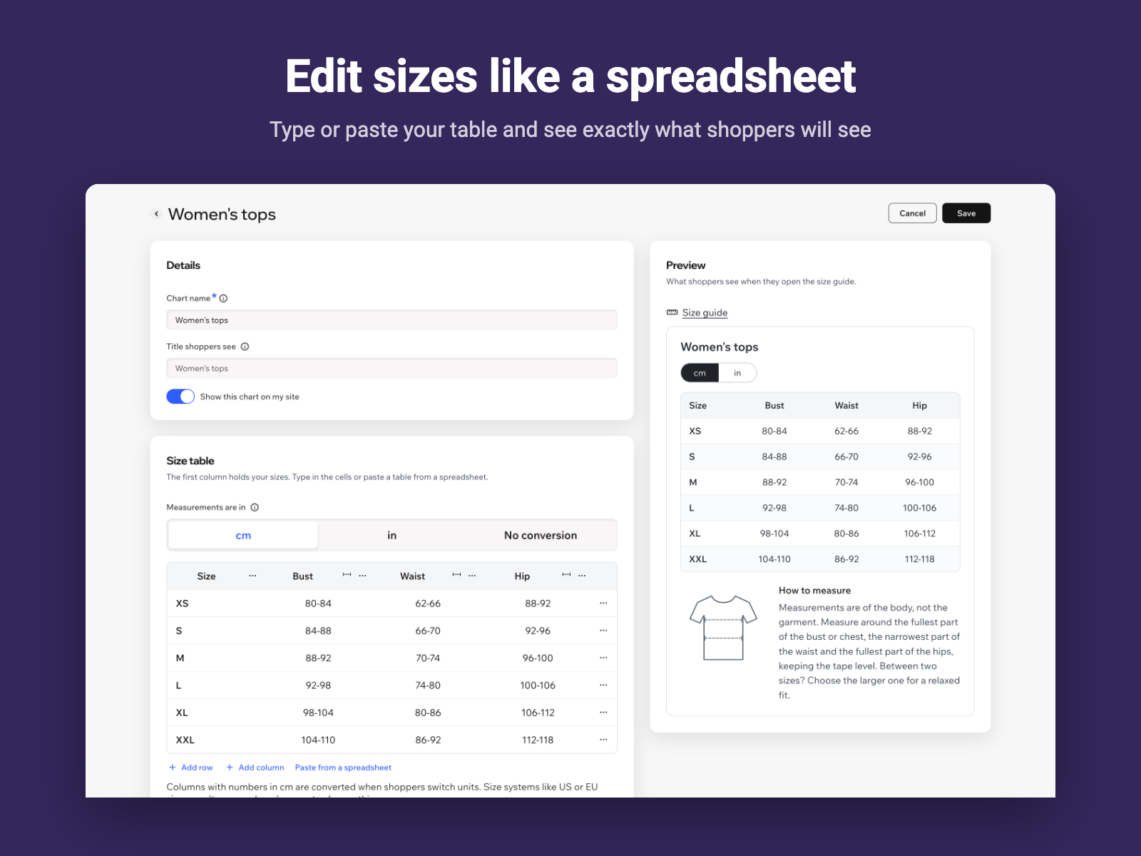 The chart editor with a size table on the left and a live preview of the size guide on the right.